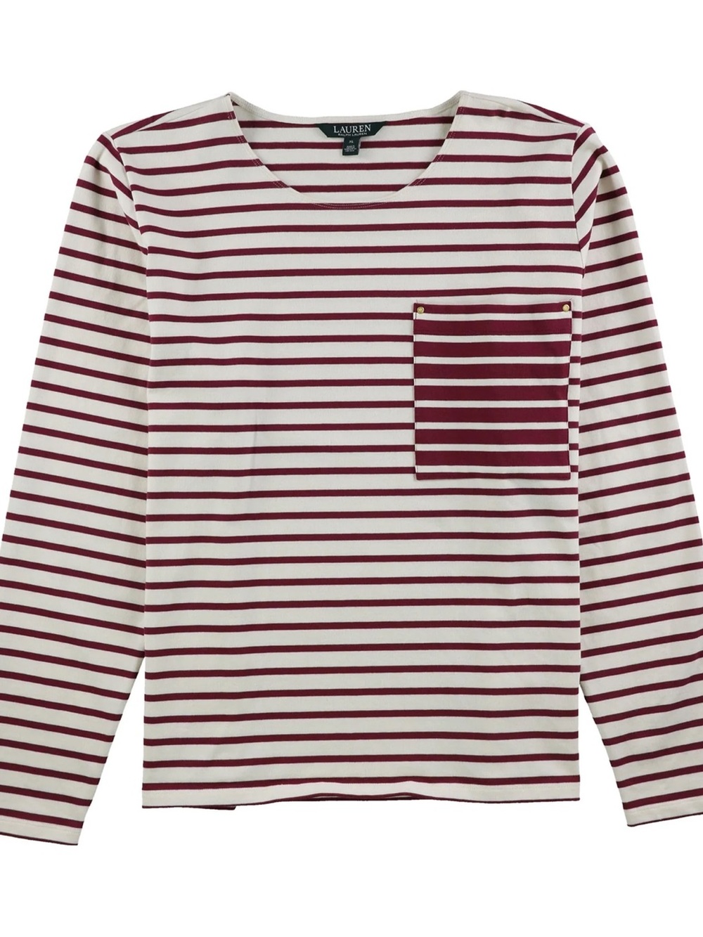 Ralph Lauren Cream and Burgundy Striped Long Sleeve Top with Chest Pocket